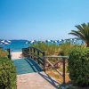 Sentiero sabbioso verso la spiaggia con ombrelloni blu e bianchi.