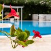 Fiori rossi in primo piano, sfondo con piscina e sdraio.