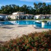 Piscina con villette e fiori rossi sul bordo.