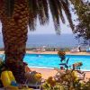Piscina con veduta sull'oceano, circondata da palme e lettini.