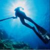 Un subacqueo nuota verso la luce in un mare blu.