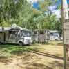 Camper parcheggiati in un'area ombreggiata da alberi.