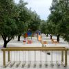 Area giochi all'aperto con altalene tra alberi.