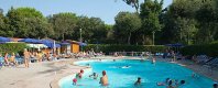 Piscina all'aperto affollata circondata da ombrelloni e alberi.