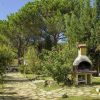 Giardino con barbecue in pietra e sentiero tra gli alberi.