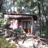 Una piccola casa rosa tra alberi con sentiero in pietra.