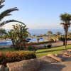 Vista sul mare con piscina e palme in primo piano.