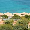 Tetti di bungalow tra palme vicino al mare.