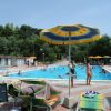 Piscina all'aperto con ombrelloni colorati e persone in relax.