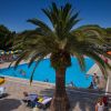 Piscina con ombrelloni gialli e blu, centrale una palma.