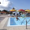Una piscina con ombrelloni gialli e rossi, una persona siede sul bordo. Palmi sullo sfondo.