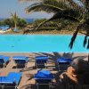 Piscina con lettini blu, circondata da palme, vista mare all'orizzonte.
