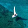 Una barca a vela bianca naviga su un mare cristallino visto dall'alto.