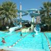 Piscina con scivoli d'acqua tortuosi, palme intorno e bagnanti in varie attività.