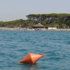 Mare con boa arancione e spiaggia con vegetazione e edificio sullo sfondo.