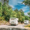 Camper bianchi su strada boscosa.