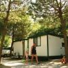 Una casa mobile tra gli alberi con persone che camminano accanto.